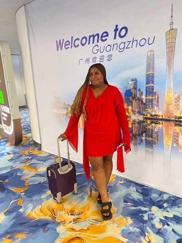 Queen Nkem arriving at Guangzhou airport, China
